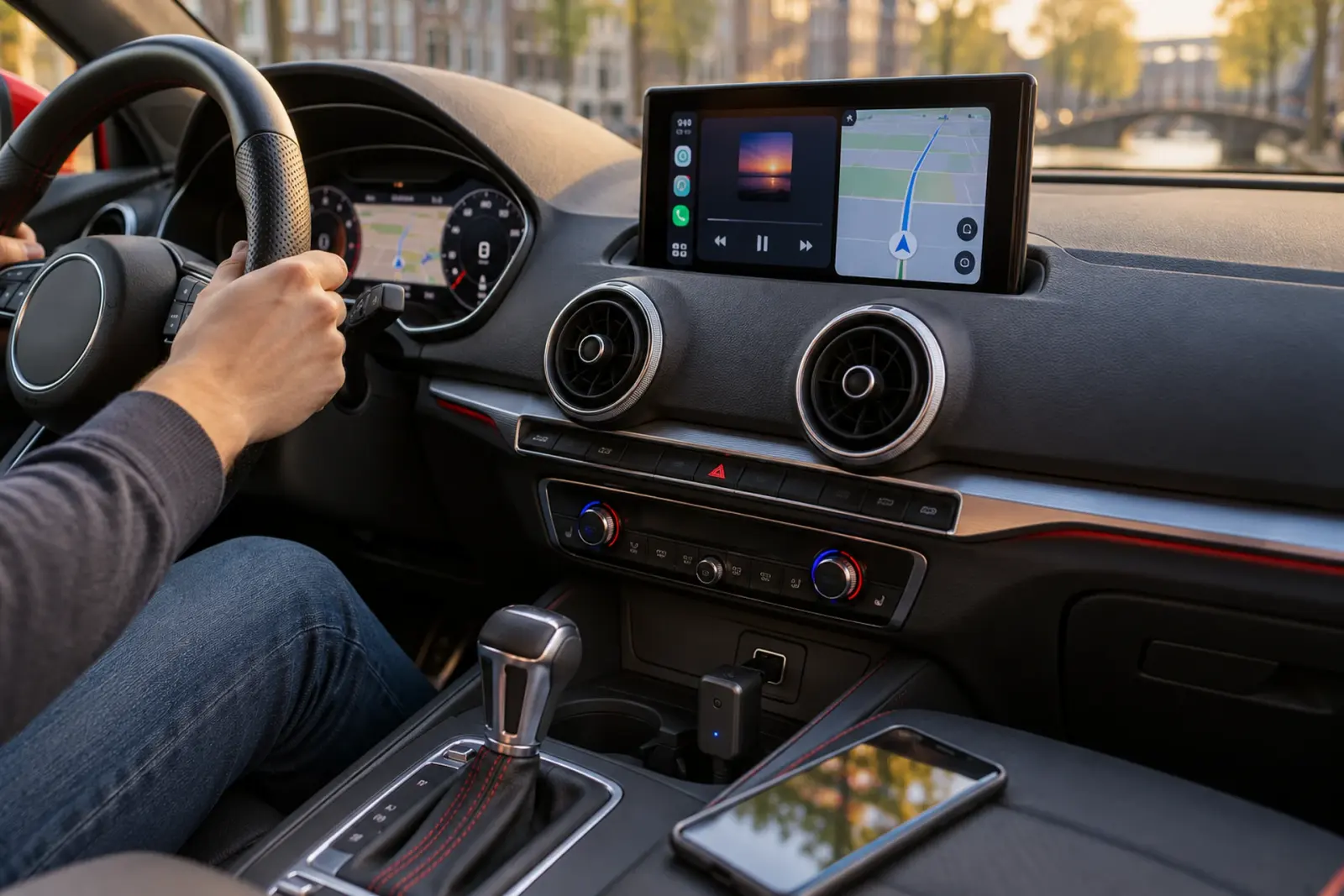 Android Auto bestellen in Almere: draadloze adapter in de USB-poort van de middenconsole van een rode Audi, met de Android-telefoon ernaast