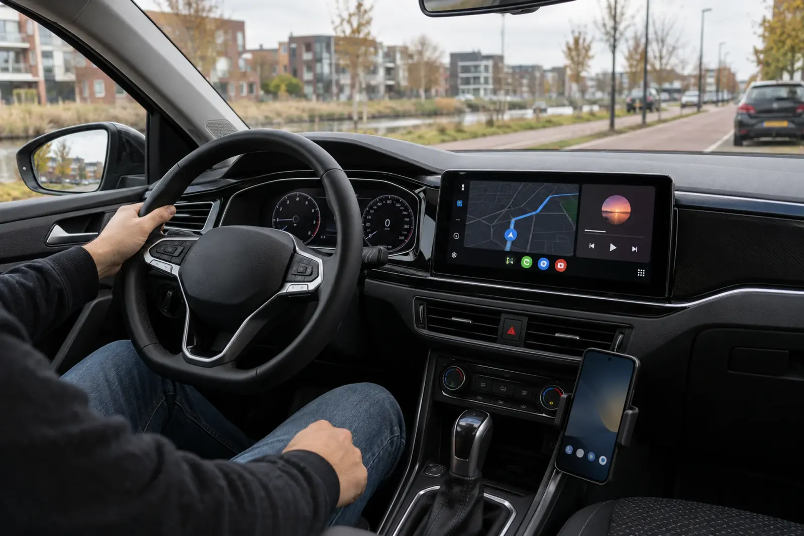 Android Auto met Google Maps op een breed touchscreen in een Volkswagen, rijdend langs nieuwbouw in Almere