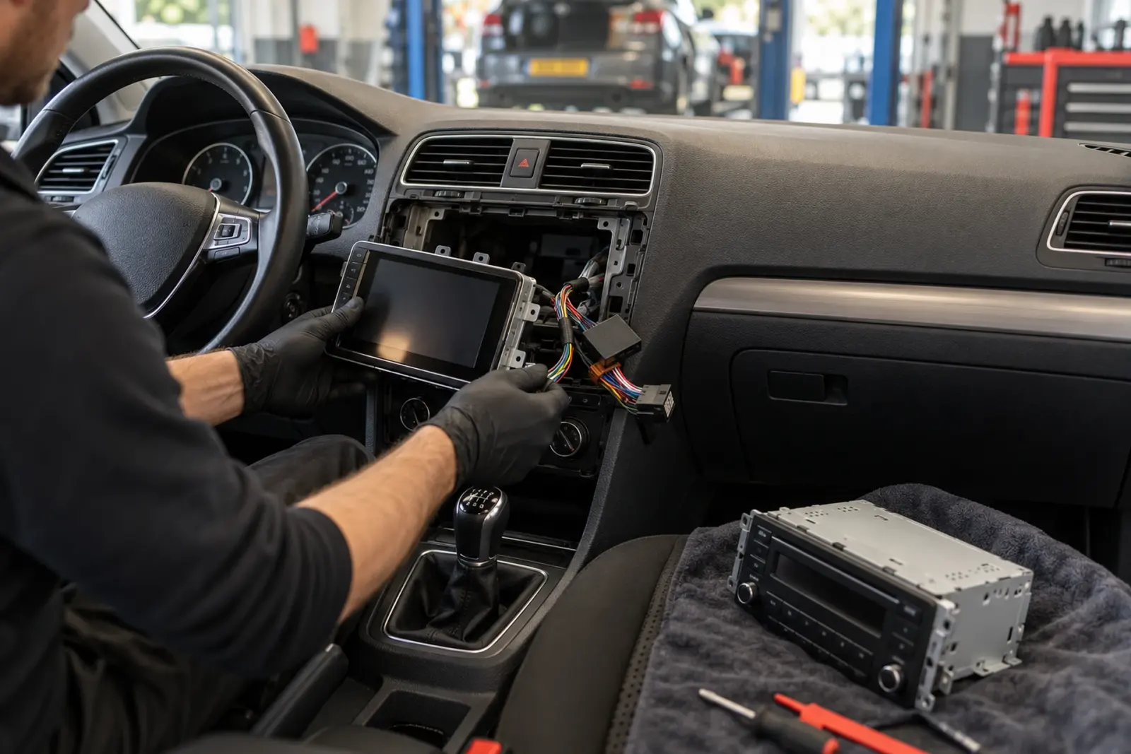 Android Auto radio inbouwen in Almere: monteur schuift een nieuw touchscreen in het dashboard van een Volkswagen, de oude fabrieksradio ligt op de stoel