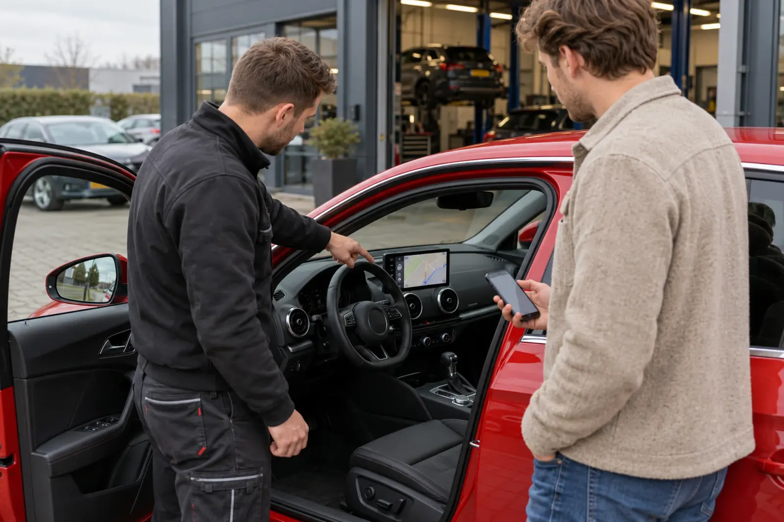 Monteur van de inbouwpartner wijst een klant uit Almere de bediening van het nieuwe CarPlay-scherm in zijn rode Audi A3
