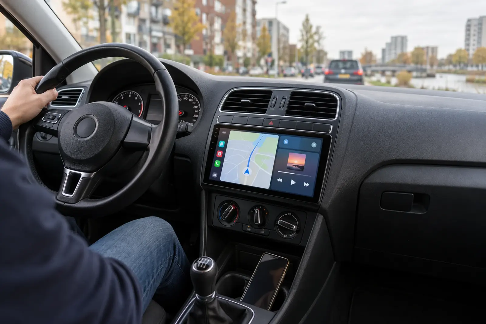 CarPlay bestellen in Almere: bestuurder rijdt met een nieuw ingebouwd CarPlay-scherm met navigatie en muziek in het dashboard van zijn hatchback