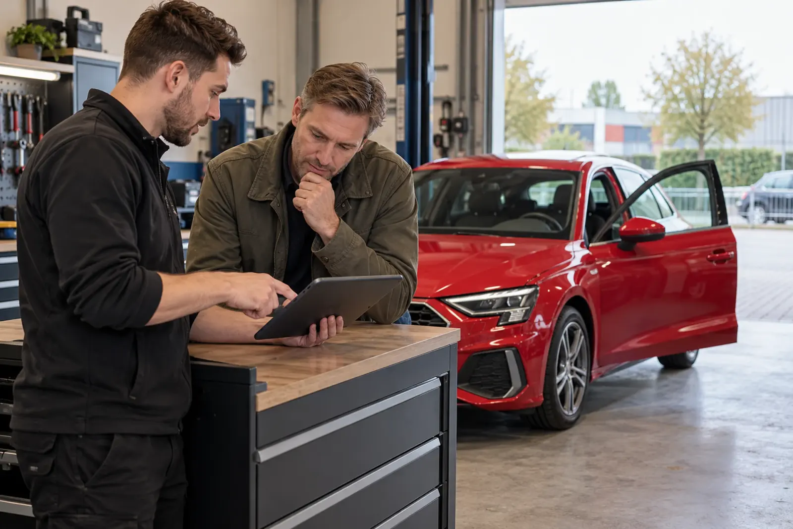 Specialist van de inbouwpartner neemt de offerte op een tablet door met een klant uit Almere, met zijn rode Audi A3 op de achtergrond