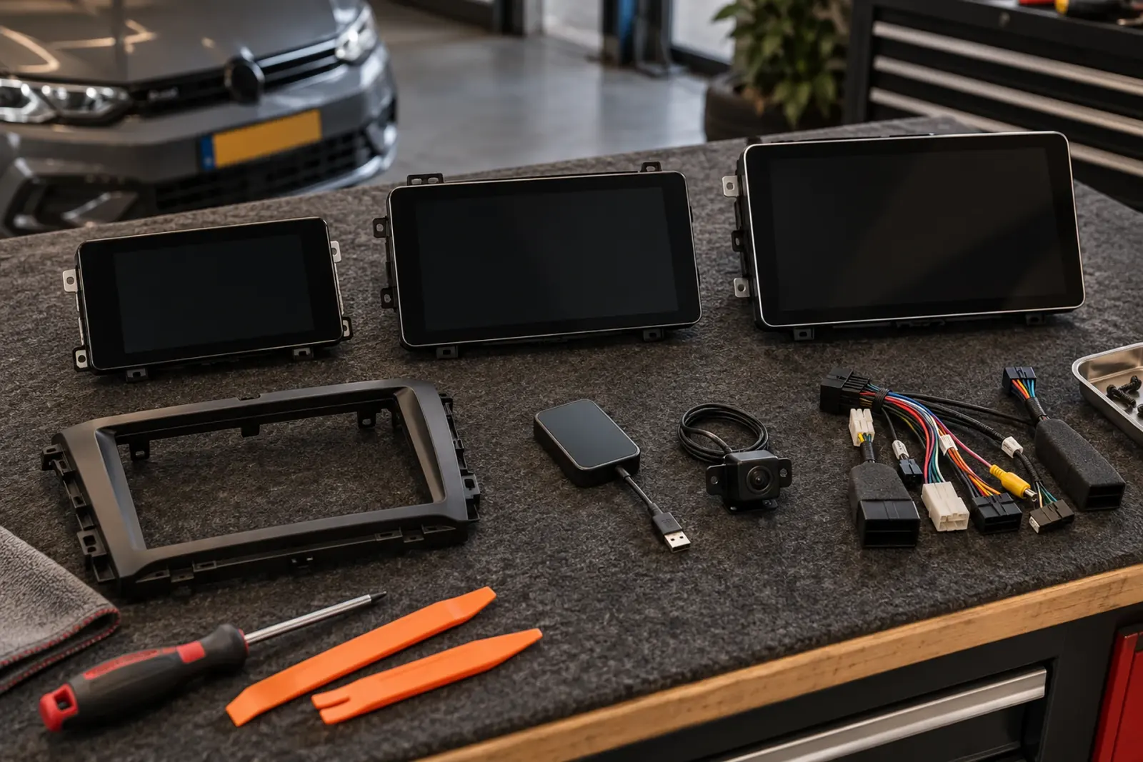 CarPlay prijzen in Almere: drie CarPlay-schermen in verschillende maten naast een inbouwframe, draadloze adapter, achteruitrijcamera en kabelbomen op de werkbank