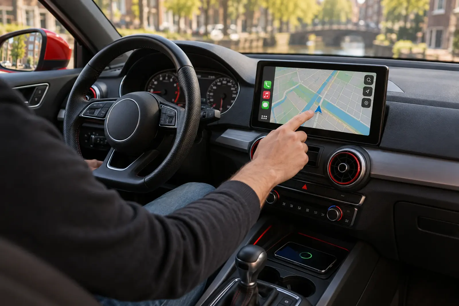 Bestuurder uit Almere tikt een bestemming aan op het ingebouwde CarPlay-scherm van zijn rode Audi