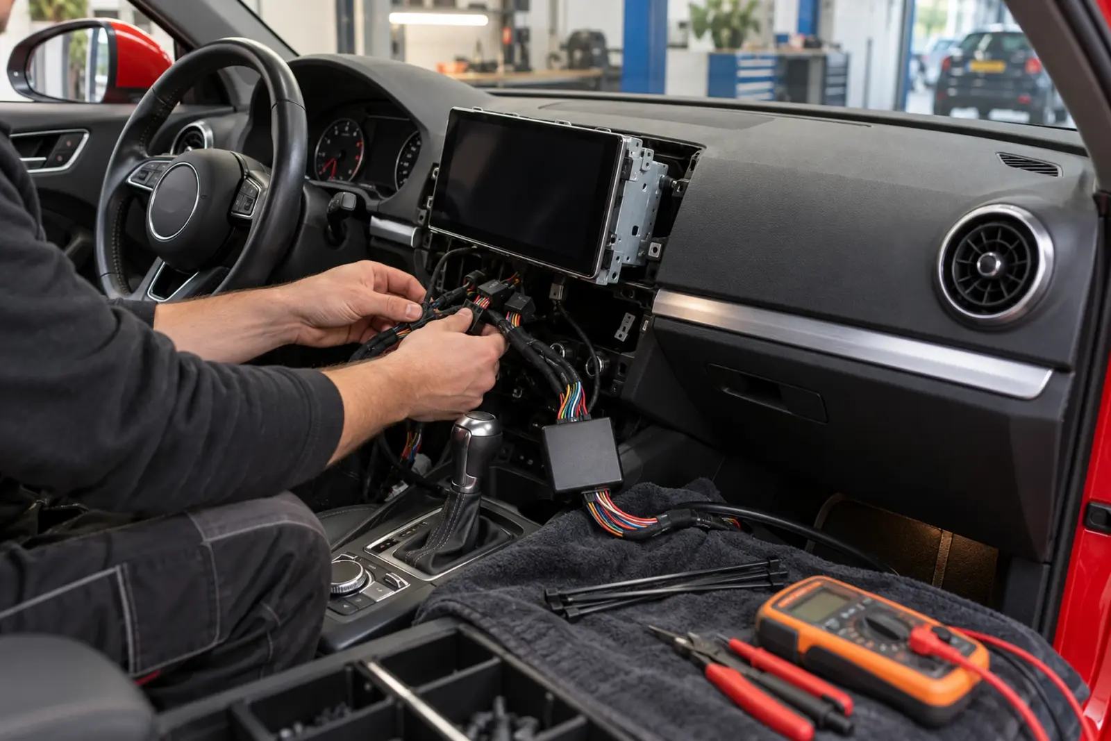 Monteur sluit de kabelboom en de interface aan achter het nieuwe CarPlay-scherm in een rode Audi A3 van een klant uit Almere