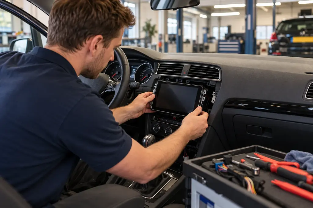 Monteur plaatst een CarPlay-scherm in het dashboard van een Volkswagen Golf voor een klant uit Almere